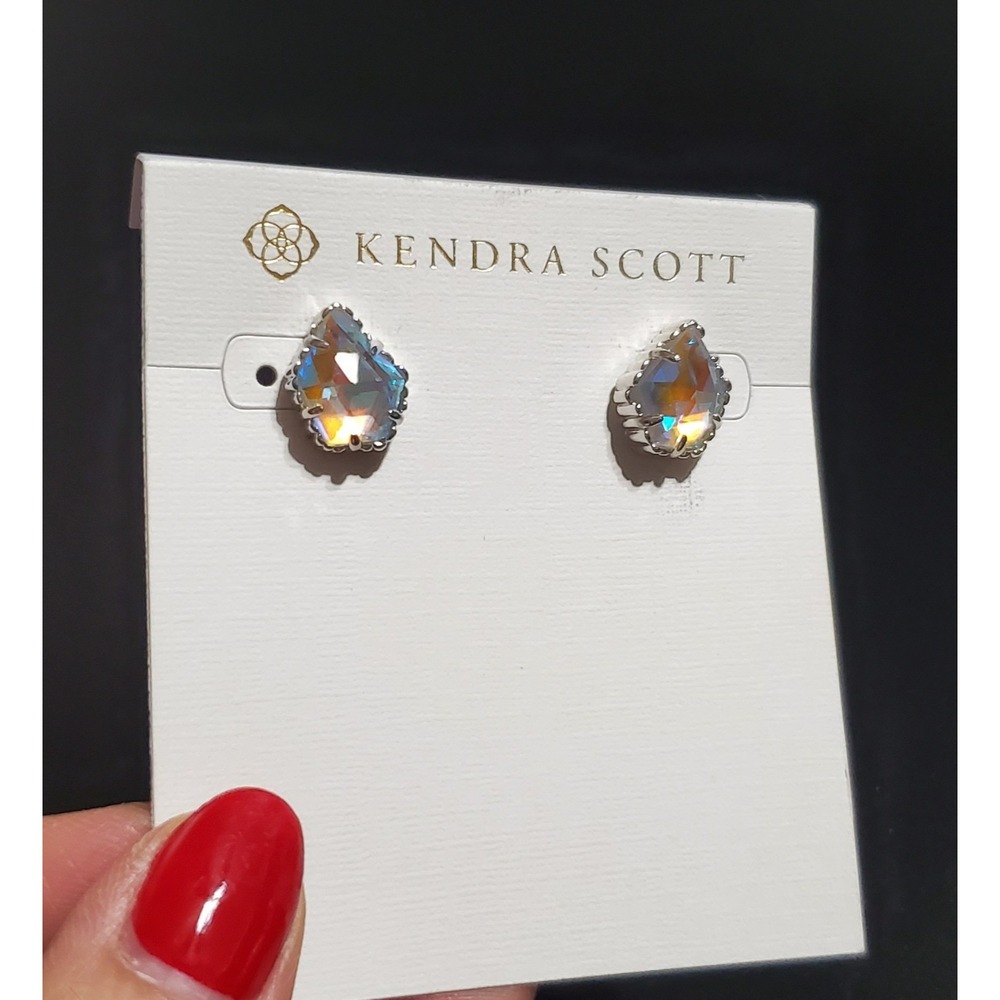 New Signed Kendra Scott Stud Earrings Tessa Dichroic Glass Silver Tone Glam